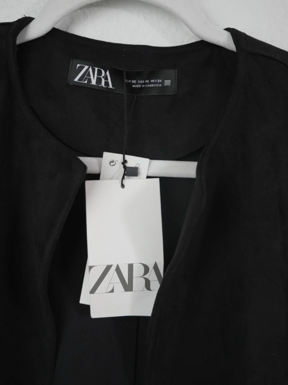 Zara Blazer Black Faux Suede Embroidered Fringe Hem Open Front Jacket Size XS
